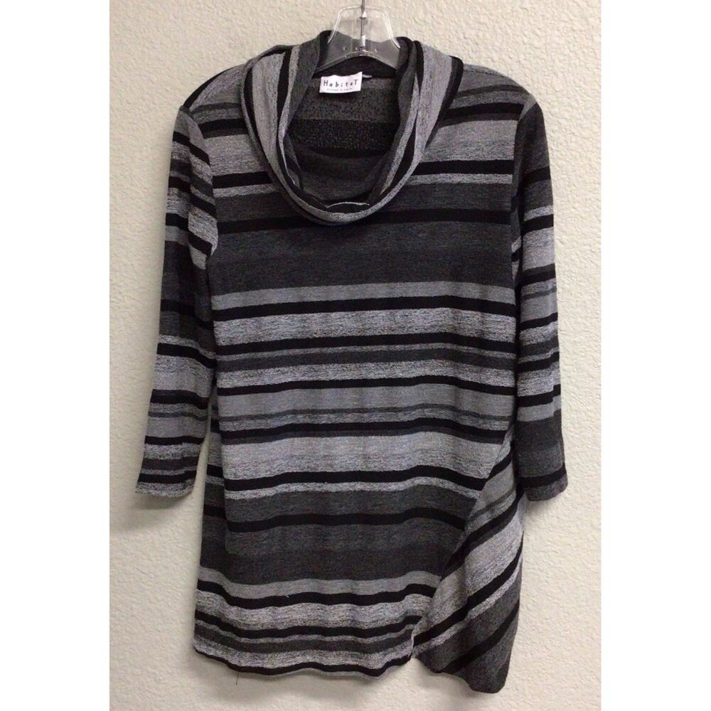 Habitat Clothes to Live In Knit Tunic Gray Black Artsy Stripe Cowl Size Medium
